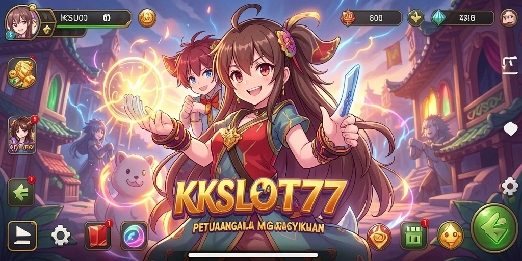 Screenshot utama KKSLOT777 menampilkan aksi gameplay yang seru dan karakter anime yang menarik.