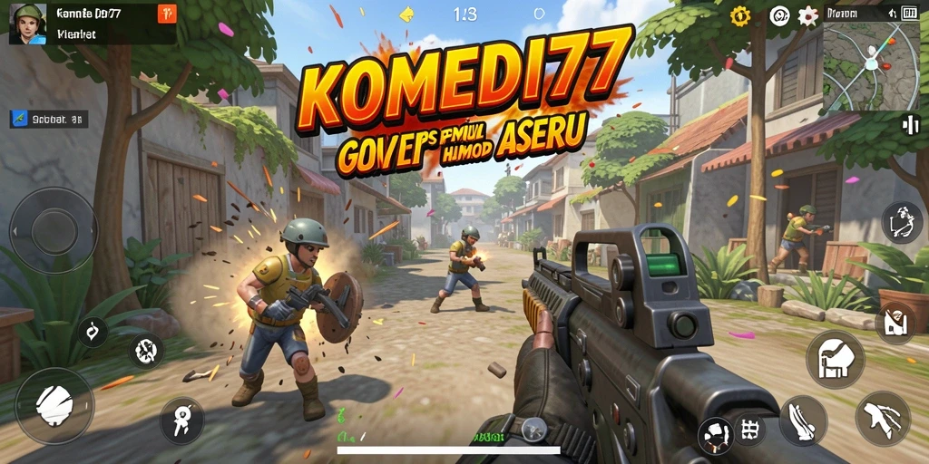 Screenshot utama KOMEDI77 menampilkan aksi pertempuran yang lucu dan penuh warna.